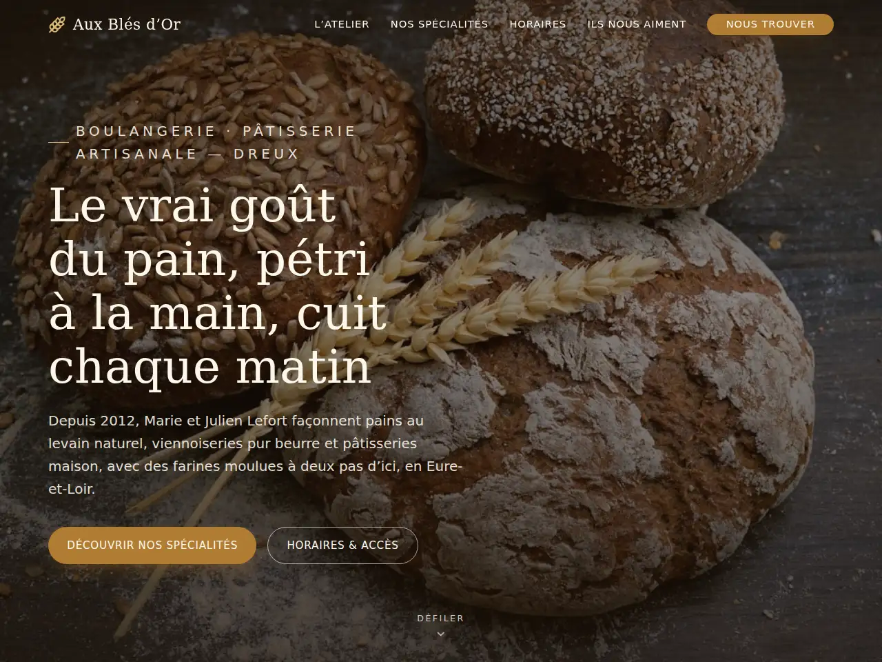 Démo de site vitrine : la boulangerie fictive Aux Blés d'Or à Dreux