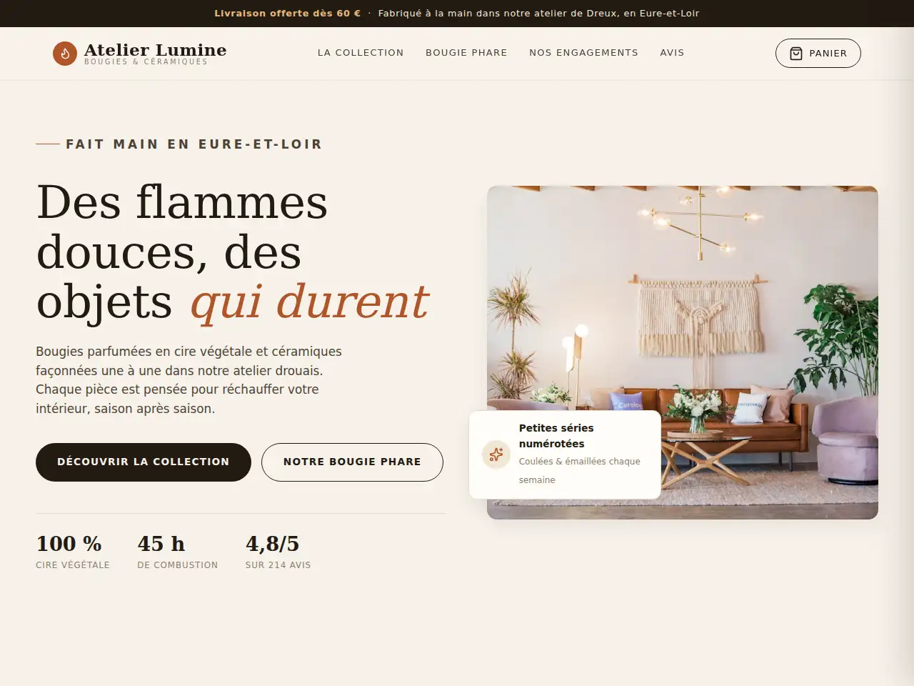 Démo de boutique en ligne : la marque fictive Atelier Lumine