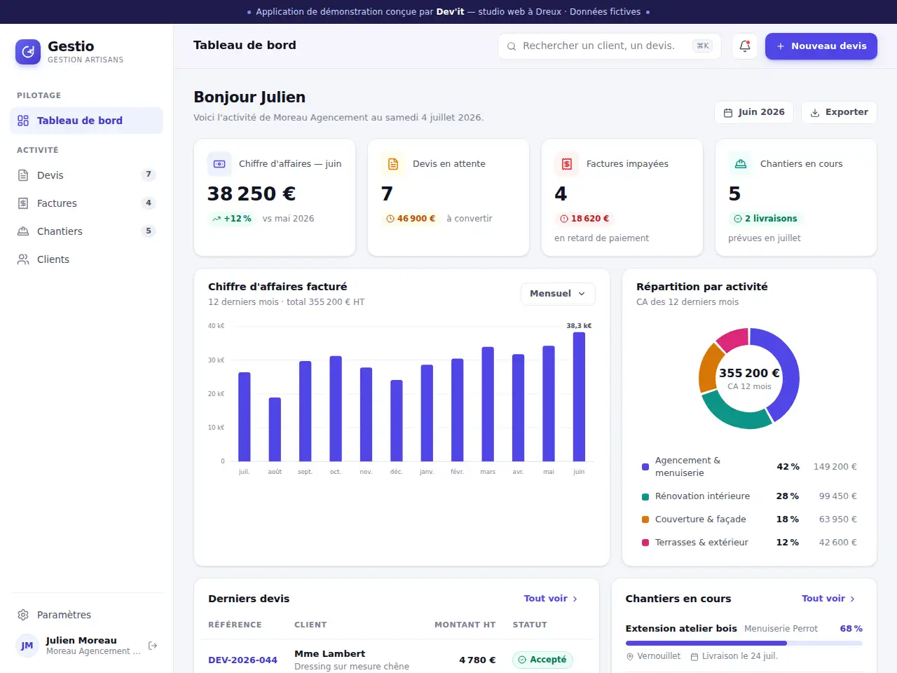 Démo d'application métier : le tableau de bord Gestio pour artisans