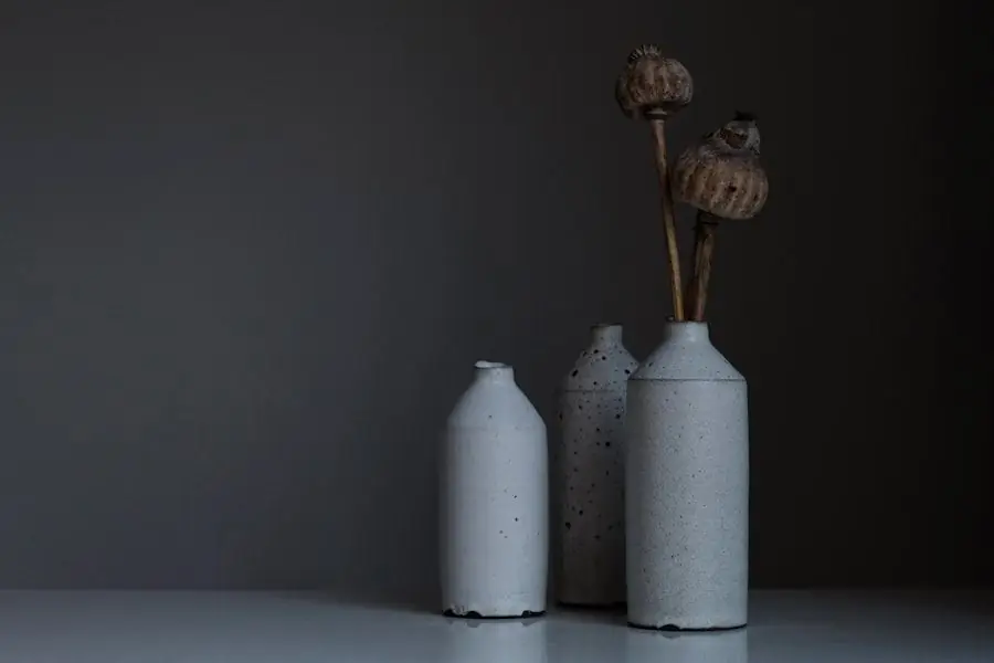 Trois vases soliflores en grès gris clair garnis de pavots séchés, sur fond sombre